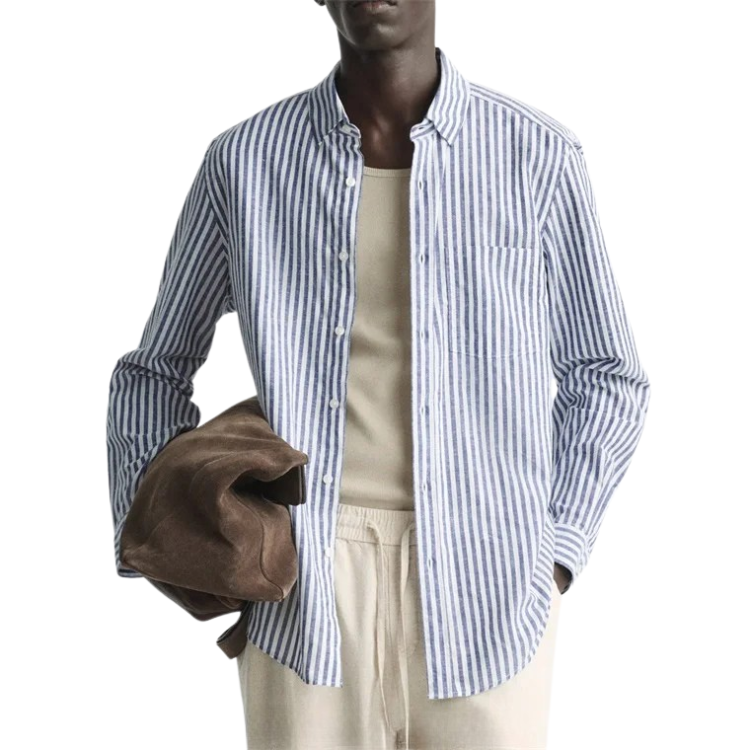 Camisa Masculina em Linho Listrada Bianchino BC358 - Design Moderno em Linho Premium para Conforto e Elegância.