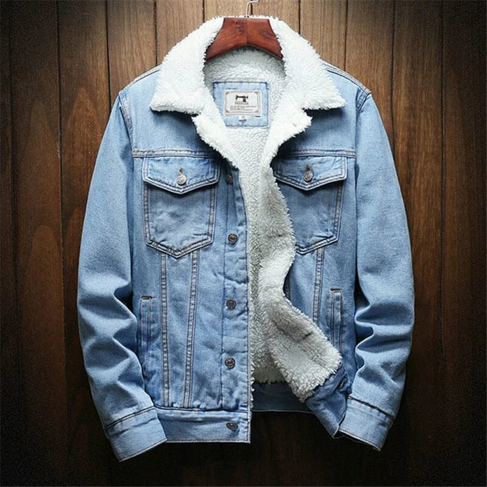 Jaqueta Jeans Masculina Forrada em Lã Bianchino BC097 - Azul escuro, preto e azul claro. Design clássico com forro de lã para aquecimento eficiente.