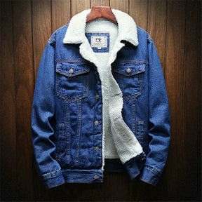 Jaqueta Jeans Masculina Forrada em Lã Bianchino BC097 - Azul escuro, preto e azul claro. Design clássico com forro de lã para aquecimento eficiente.