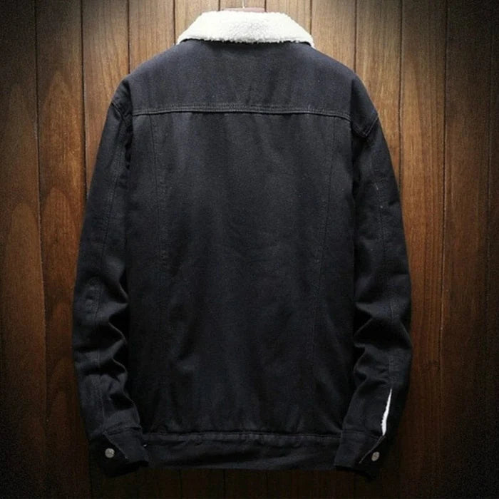 Jaqueta Jeans Masculina Forrada em Lã Bianchino BC097 - Azul escuro, preto e azul claro. Design clássico com forro de lã para aquecimento eficiente.