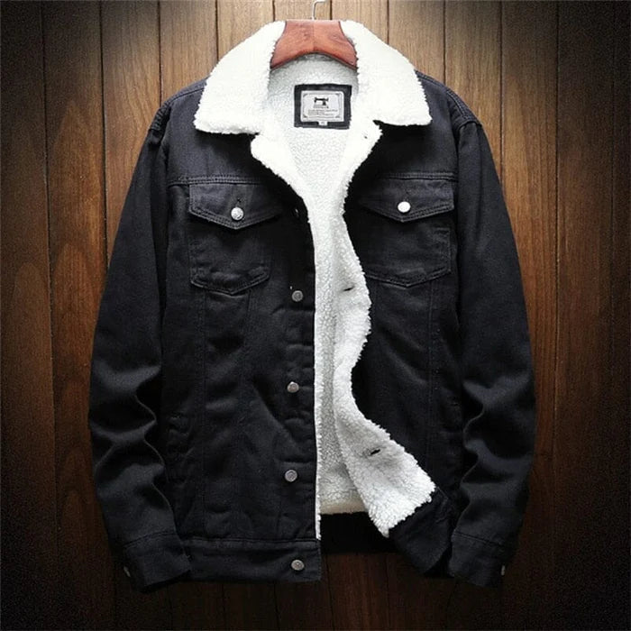 Jaqueta Jeans Masculina Forrada em Lã Bianchino BC097 - Azul escuro, preto e azul claro. Design clássico com forro de lã para aquecimento eficiente.